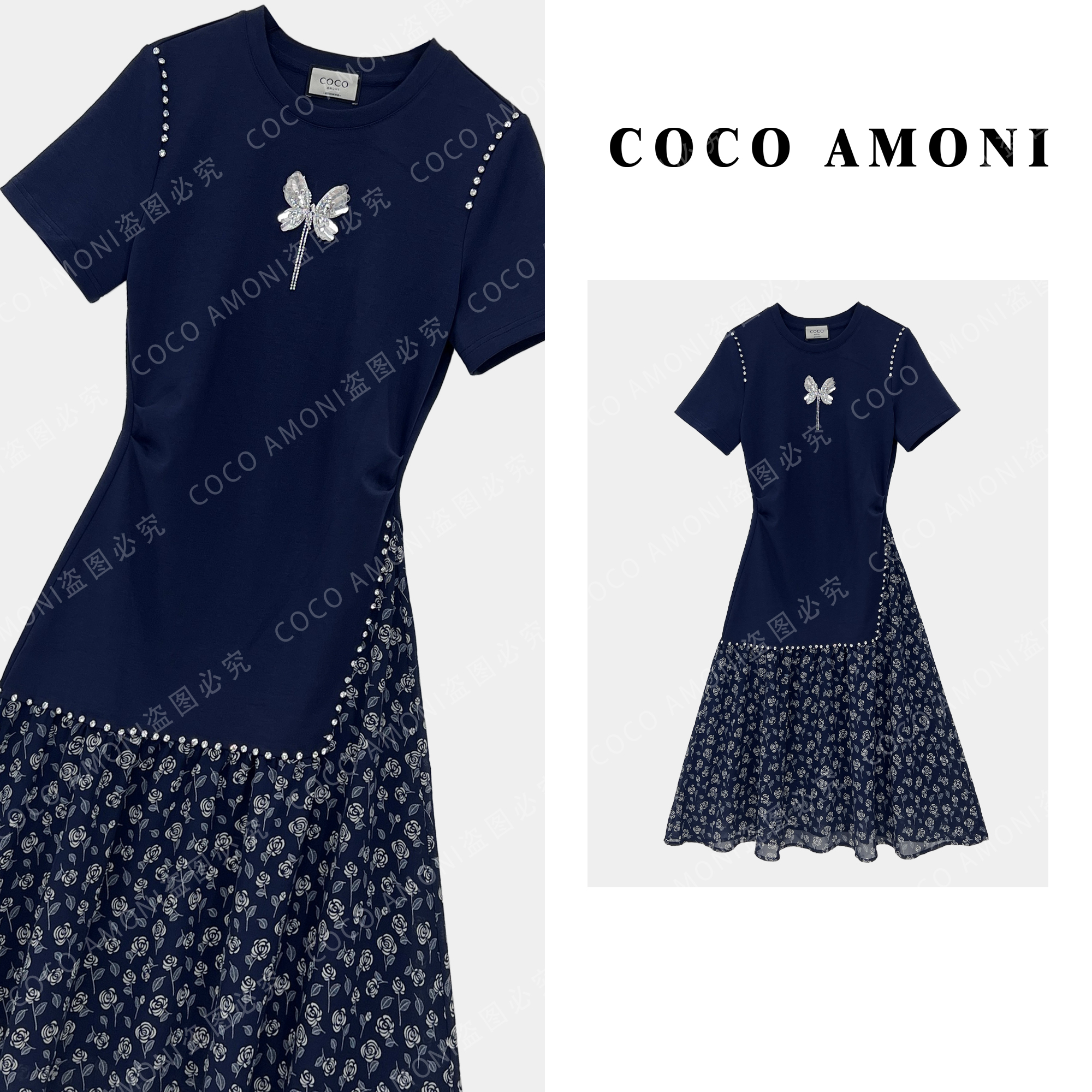 2025夏日轻奢设计师爆款拼接烫钻蝴蝶显瘦气质连衣裙ZC662