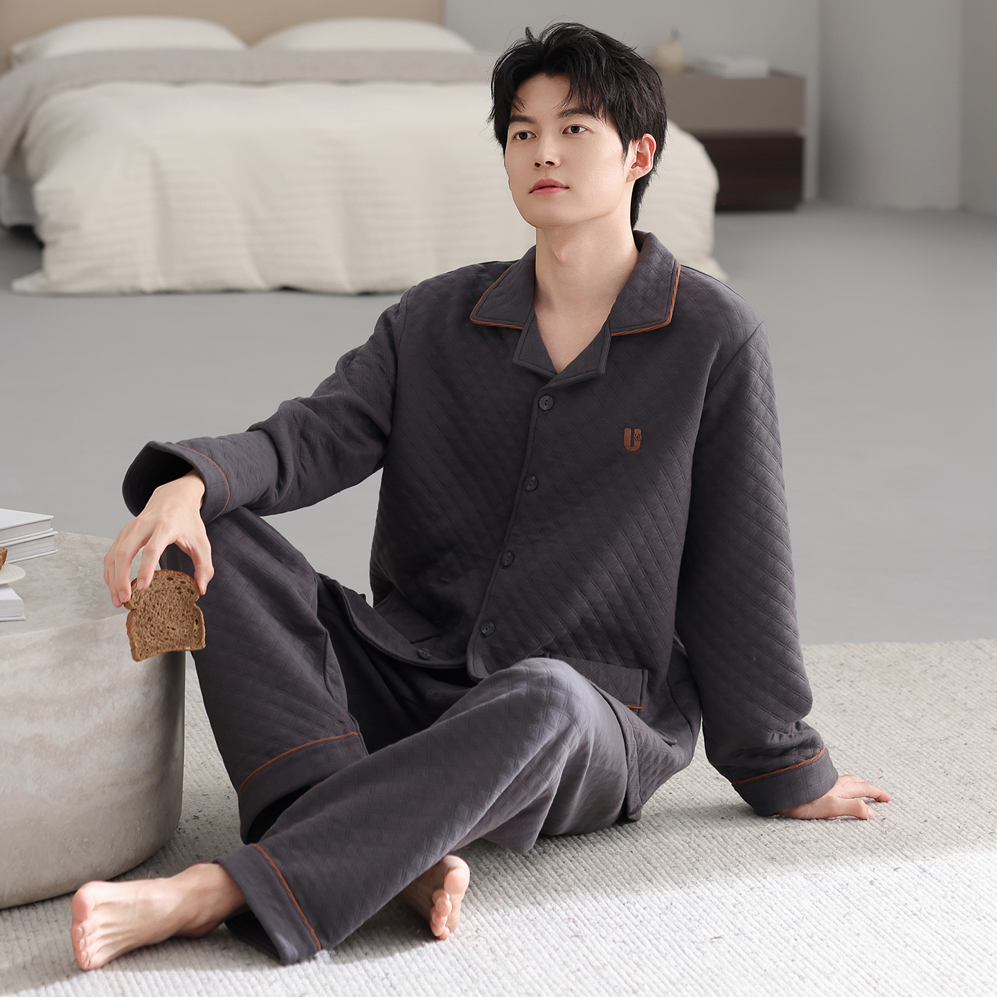 男士夹层2025年新款中年爸爸睡衣秋冬长袖翻领开衫家居服套装保暖