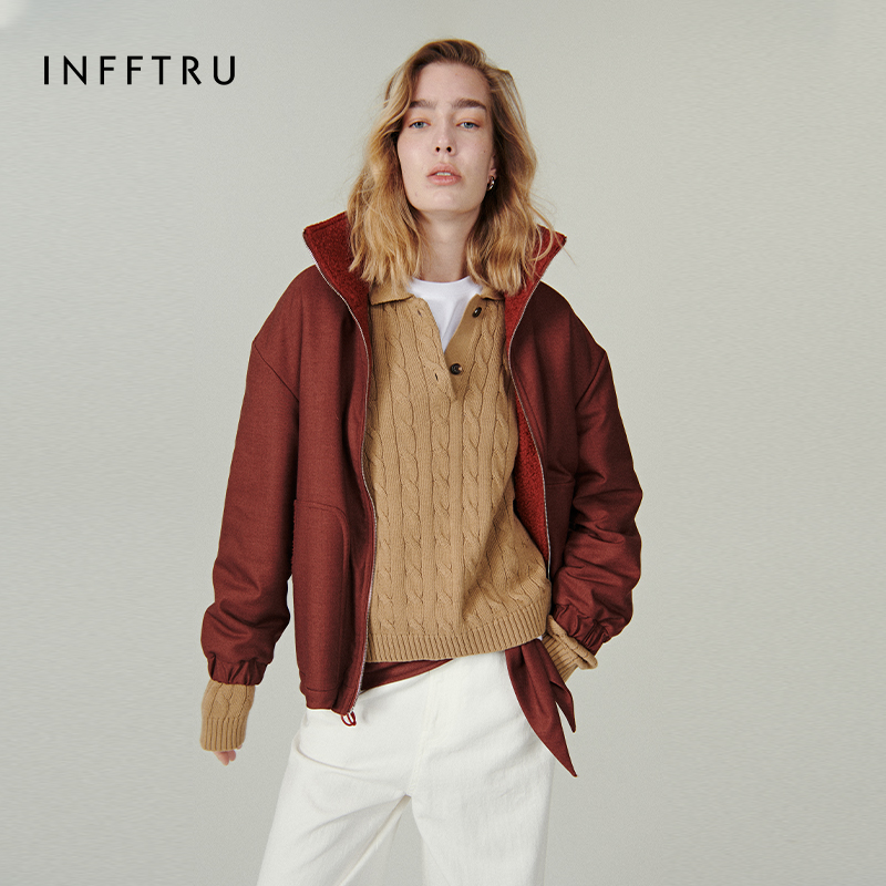 INFFTRU/2025秋季新款双面羊毛夹克经典简约休闲保暖外套女装