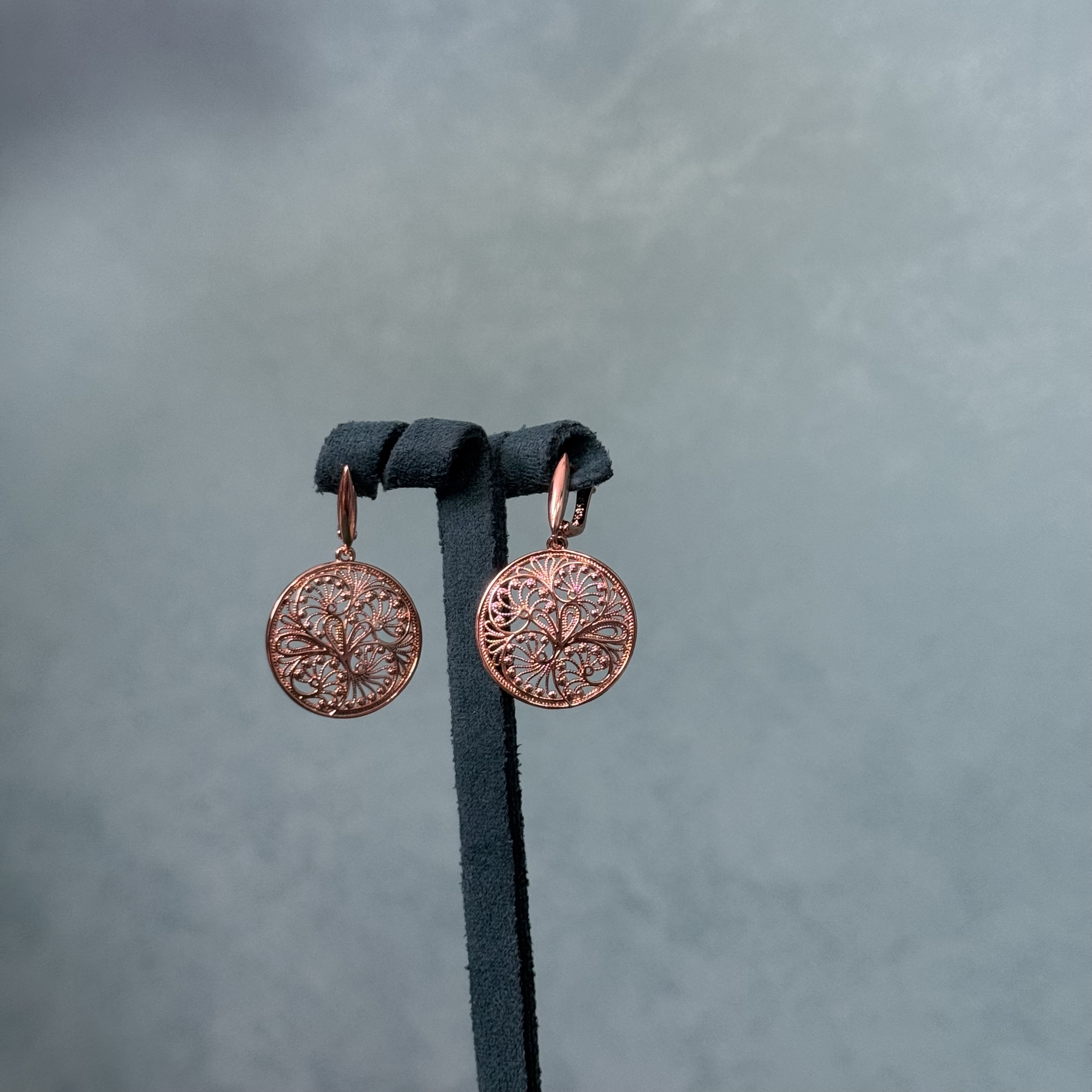 铜合金耳饰 金红色雕花圆形耳环1018