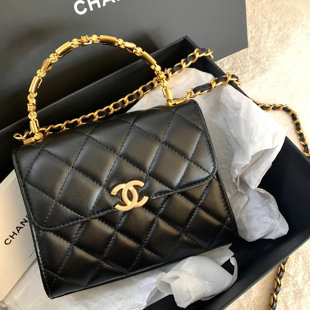 99新 Chanel/香奈儿 珐琅手柄kelly黑色羊皮单肩包 芯片款45267