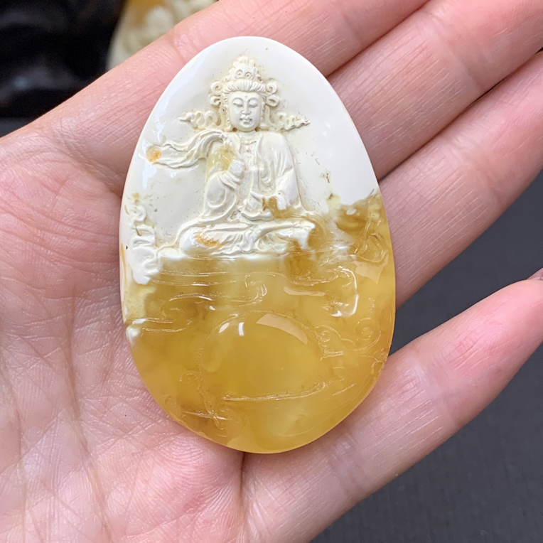 蜜蜡观音金白聚宝盆半山水原矿俄料吊坠配饰
