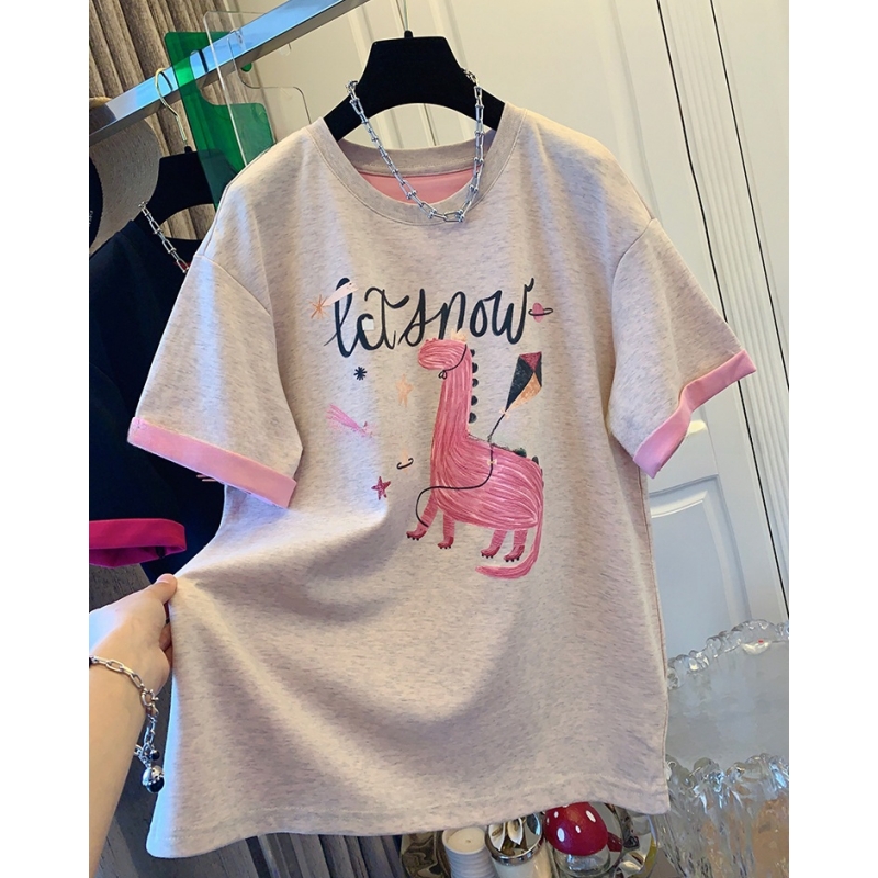 P023美式撞色恐龙宽松休闲短袖T恤上衣女装春季夏季新款今年流行