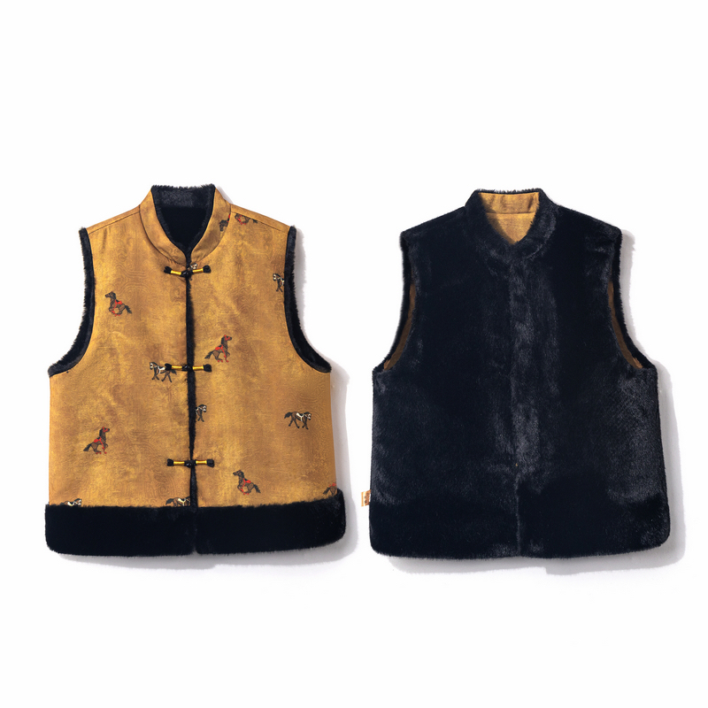 【晚吟】冬季2025新款马甲女式新中式宽松国风双面双穿提花上衣马夹