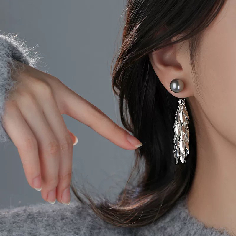A-24 波光粼粼叶片流苏灰色珠珠高级感气质耳饰