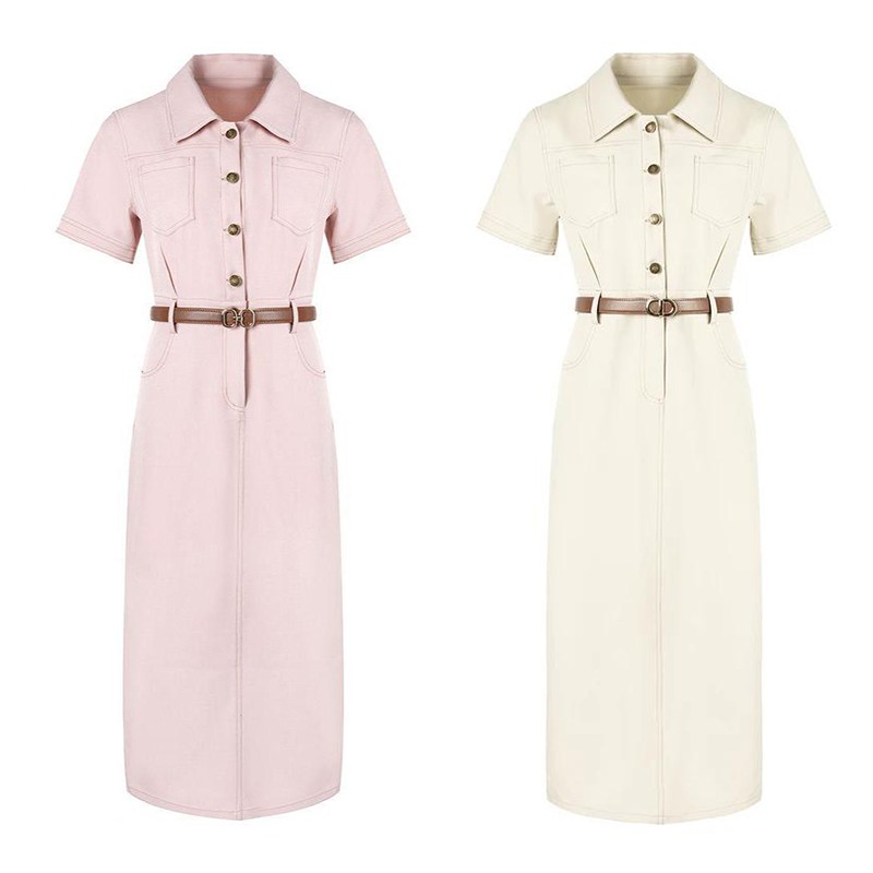 2025夏季新款POLO领单排扣高腰收腰显瘦中长款连衣裙水洗棉牛仔裙