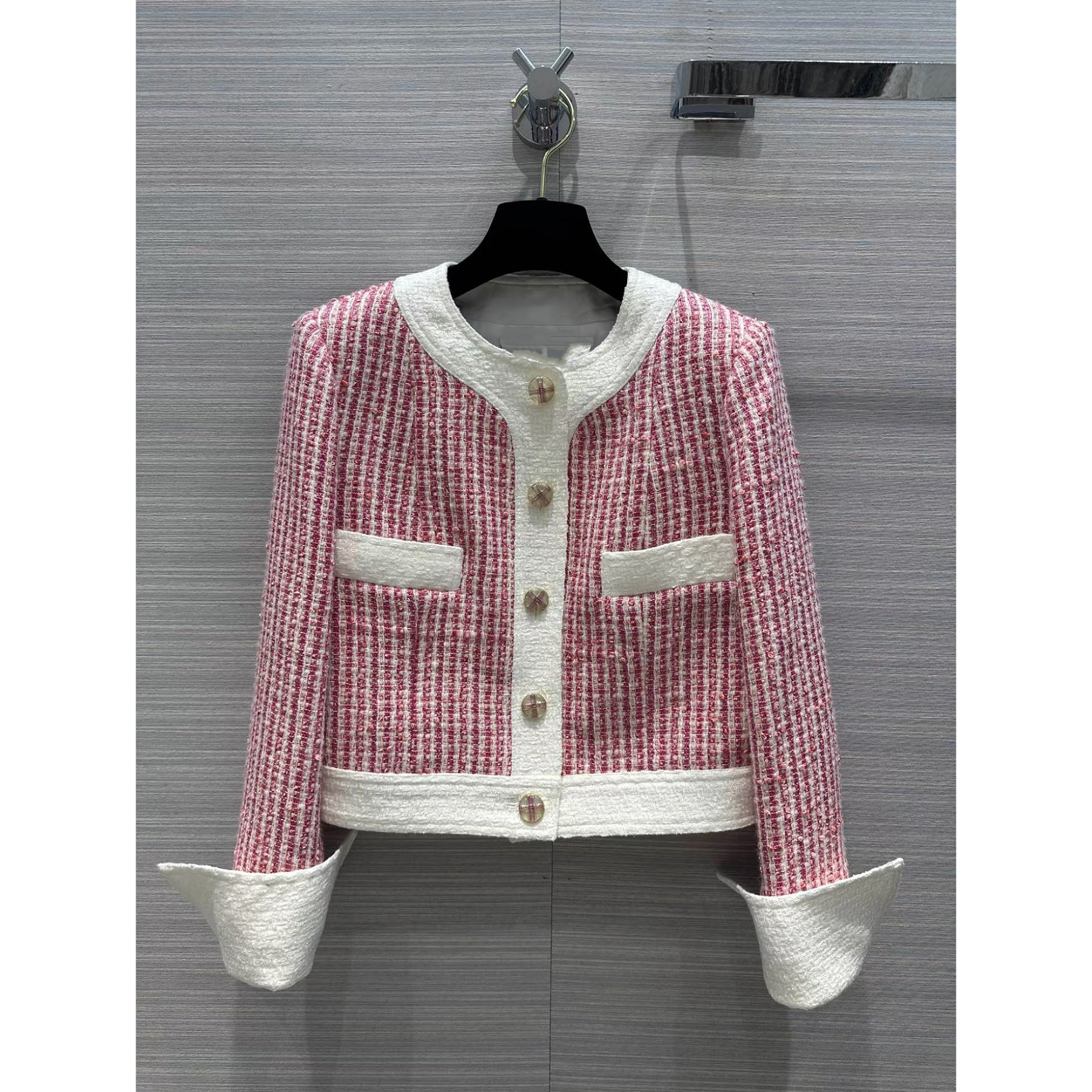 粉色粗花呢短款外套 -0011