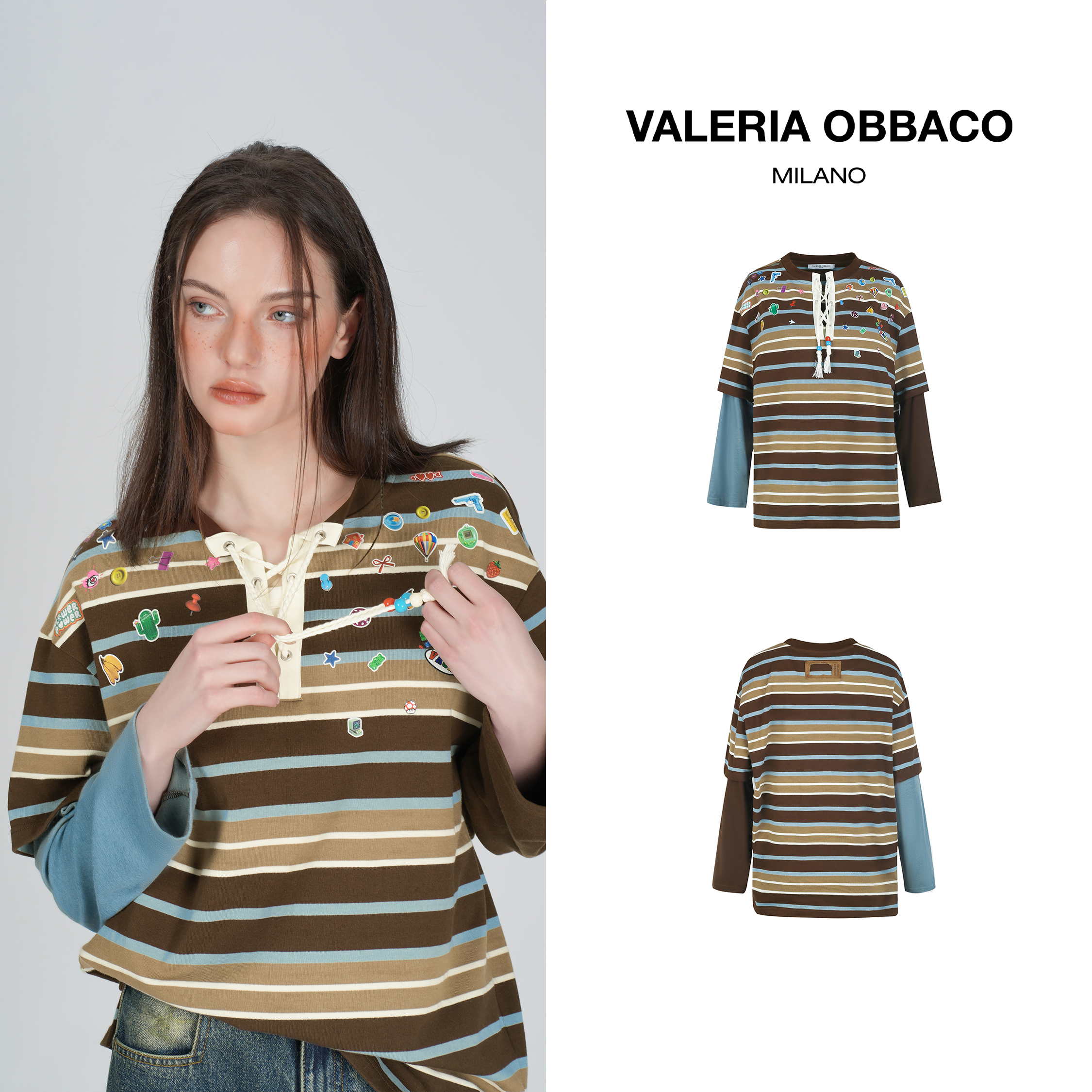 VALERIAOBBACO棕色条纹趣味印花长袖T恤2025秋季新款宽松VO上衣