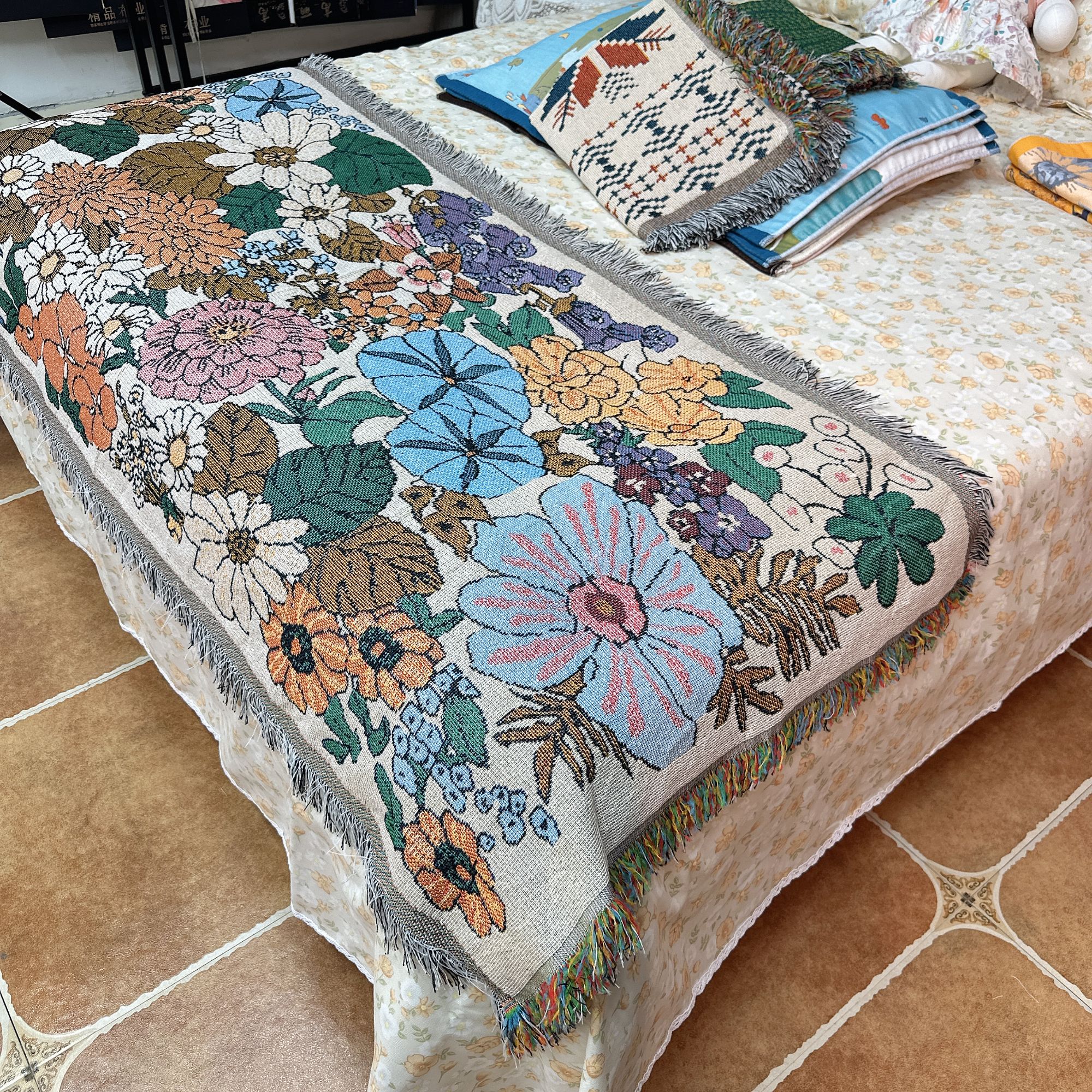 万能沙发盖巾流苏中式现代80*180（喇叭花）