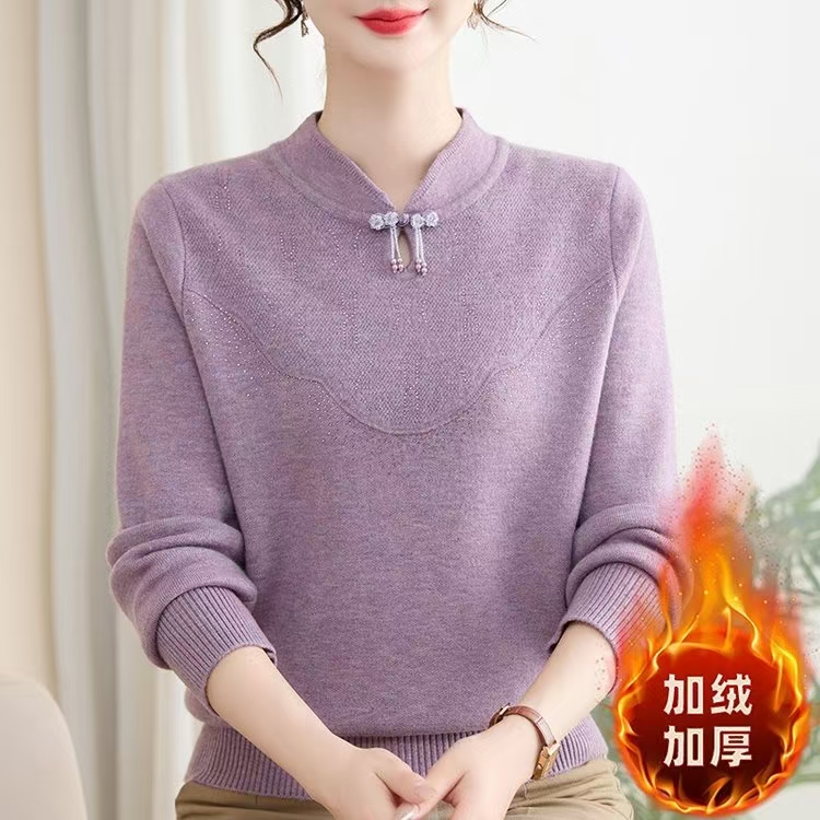 妈妈旗袍领打底衫新款加绒加厚中老年女装洋气毛衣上衣秋冬8222