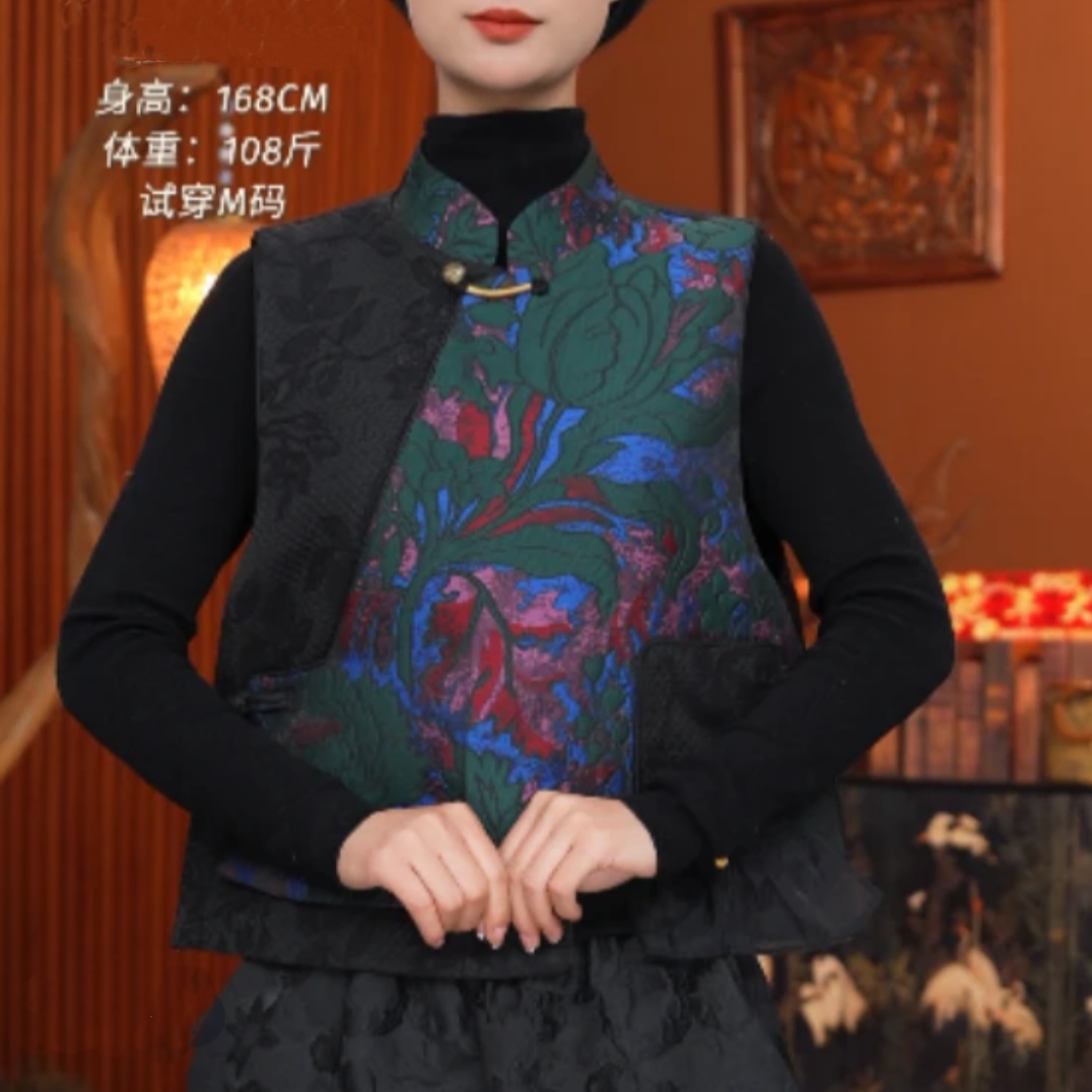 红熹潮HXC（090绿色）春季女士时尚新中式重工复古设计师款立领马甲