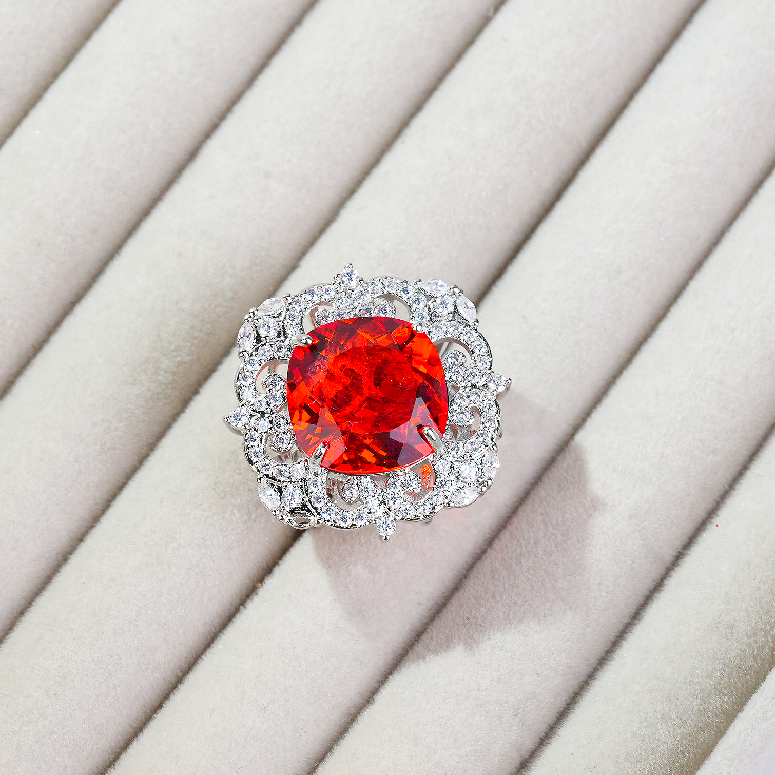 铜合金合成锆石戒指 气质轻奢时尚红色经典豪华百搭戒指-7202-3