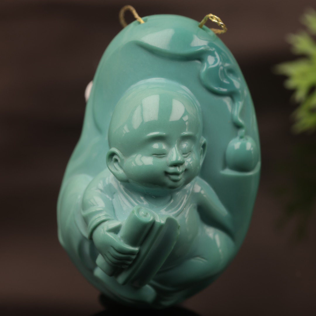原矿纯天然绿松石精品高瓷雕件吊坠