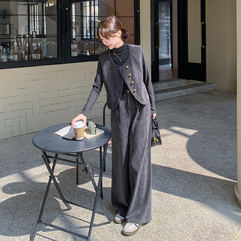 2025年秋季时尚套装秋季女装阔腿裤老钱风复古马甲高腰两件套气质