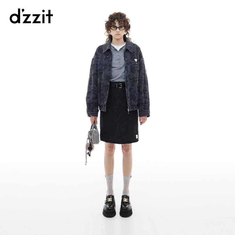 dzzit地素棉服冬季新中式牛仔绣花珠片黑色翻领外套女3I4RB15