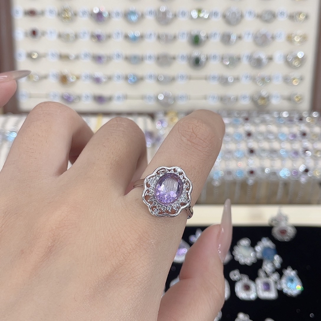 琴***女银S925镶嵌戒指紫晶