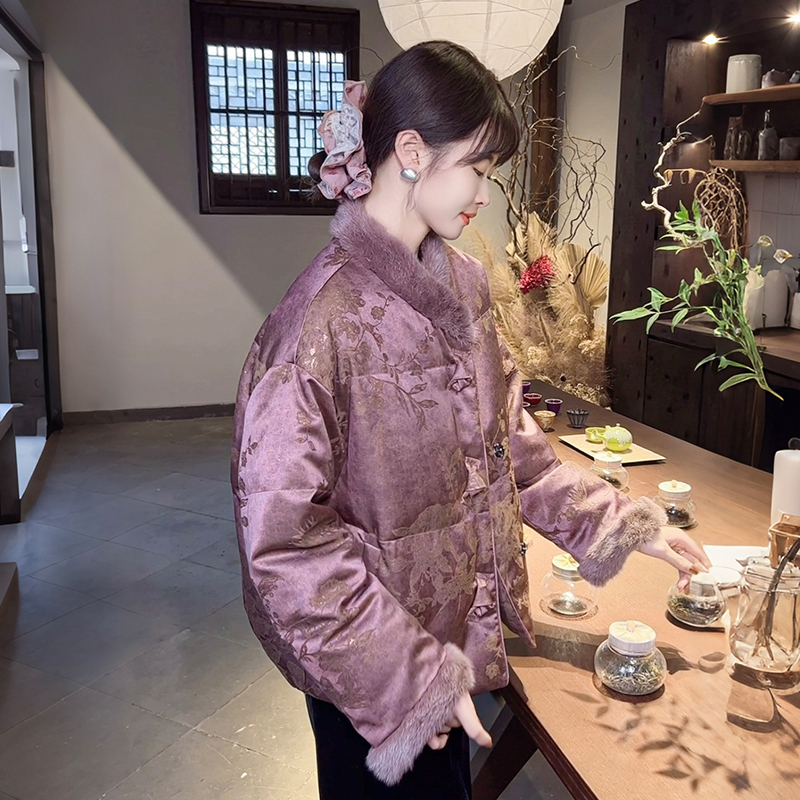 紫色90白鹅绒服女巨好看水貂毛羽绒服冬季小个子蝴蝶扣子短款外套