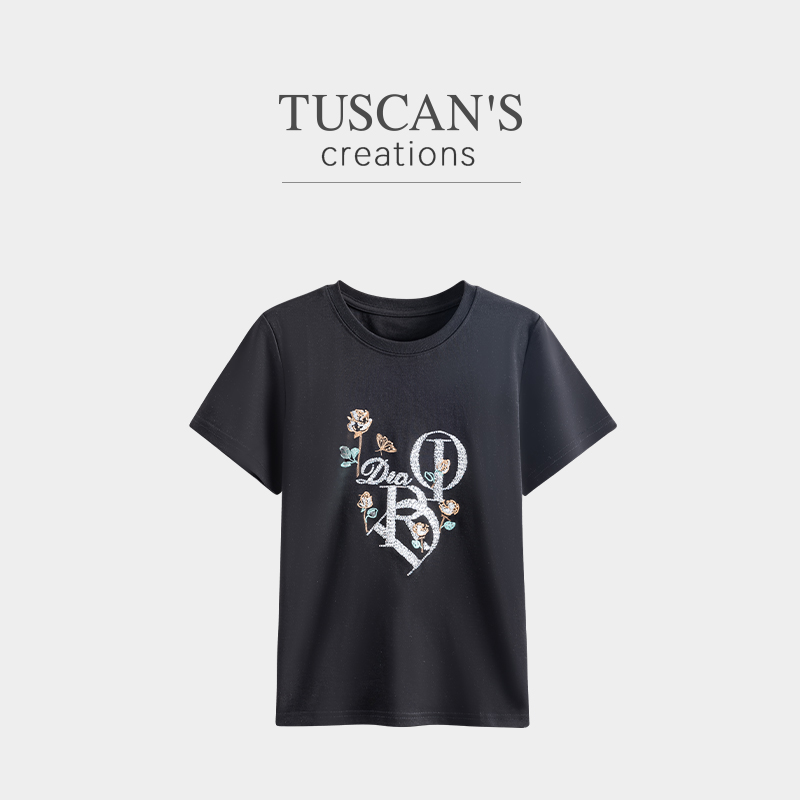 TUSCAN'S CREATIONS新款时尚亮片圆领宽松百搭T恤时代双鱼女装