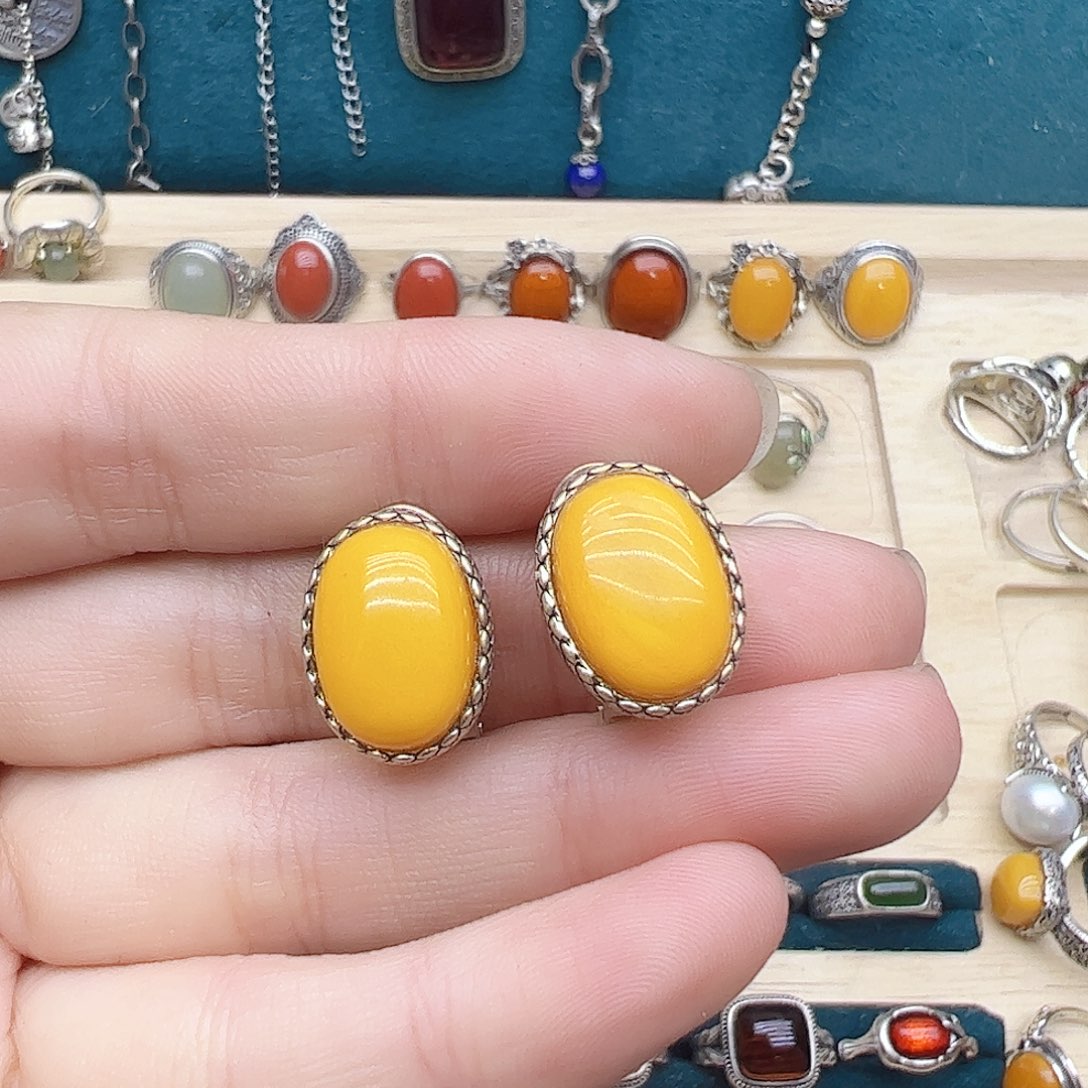 蜜蜡耳饰银S925镶嵌，