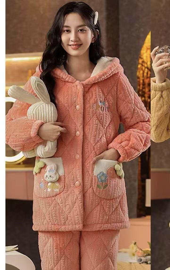 女士冬款连帽加绒保暖加厚可外穿三层夹棉睡衣甜美家居服睡衣
