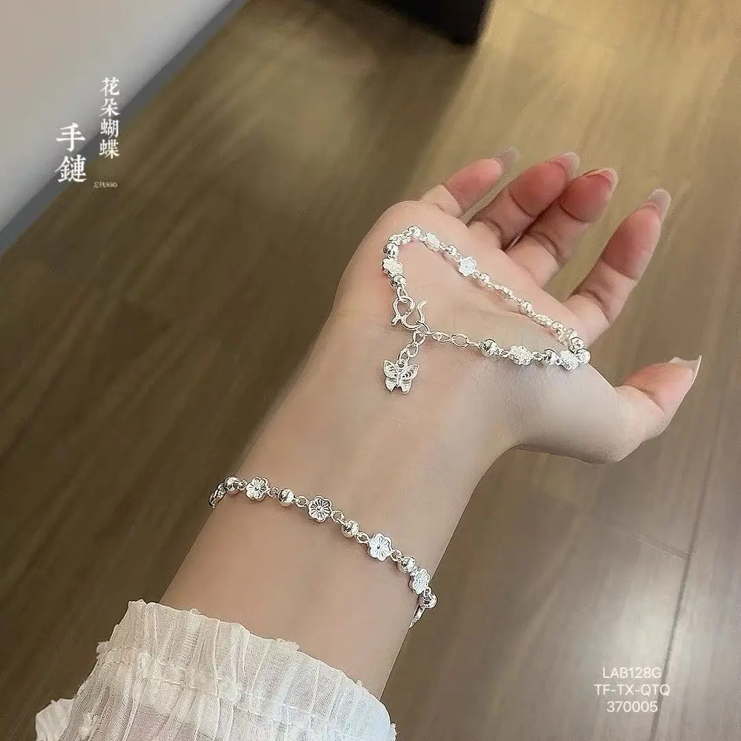 足银手链 990新中式花朵间珠蝴蝶手链纯银