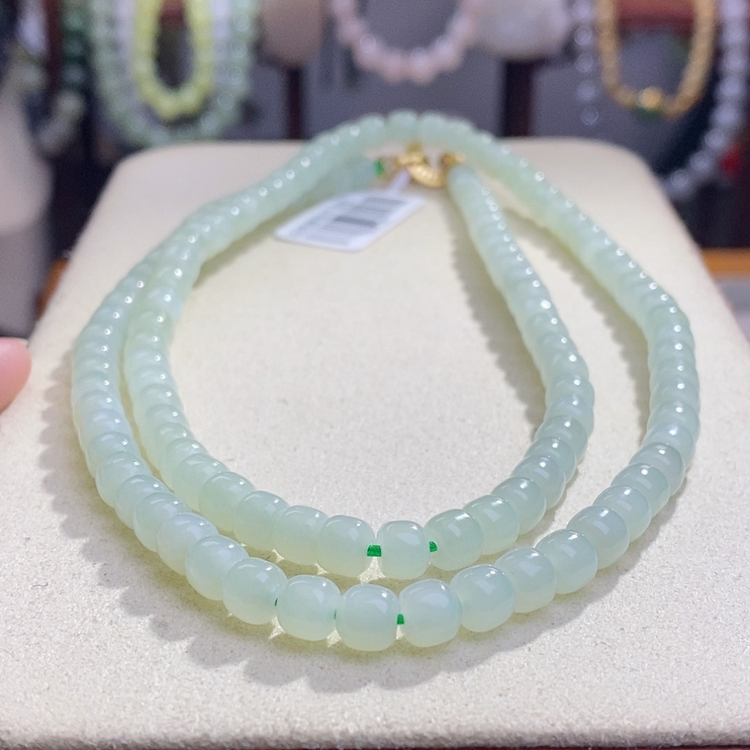 和田玉晴水银镶项链老型珠6MM未镶嵌