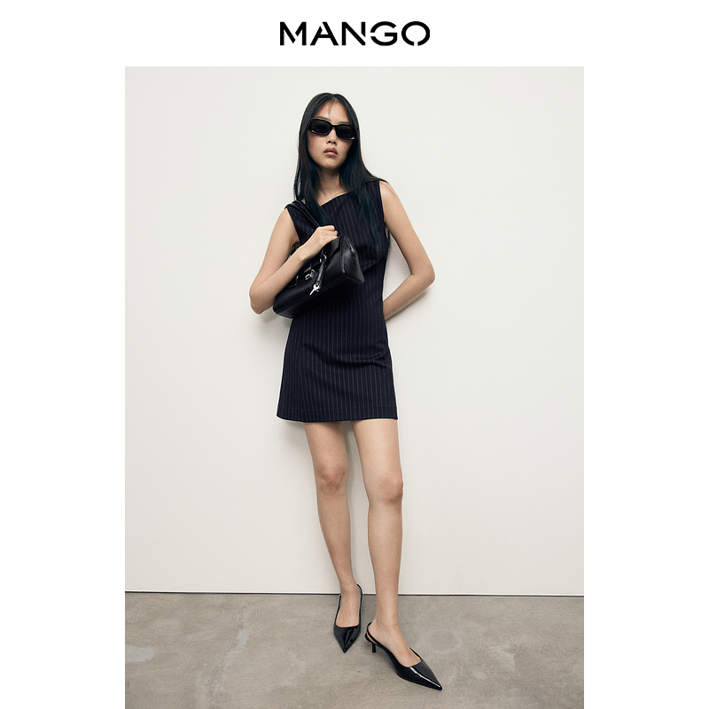 MANGO女装连衣裙2025秋船型领细条纹直筒无袖短款连衣裙17084084