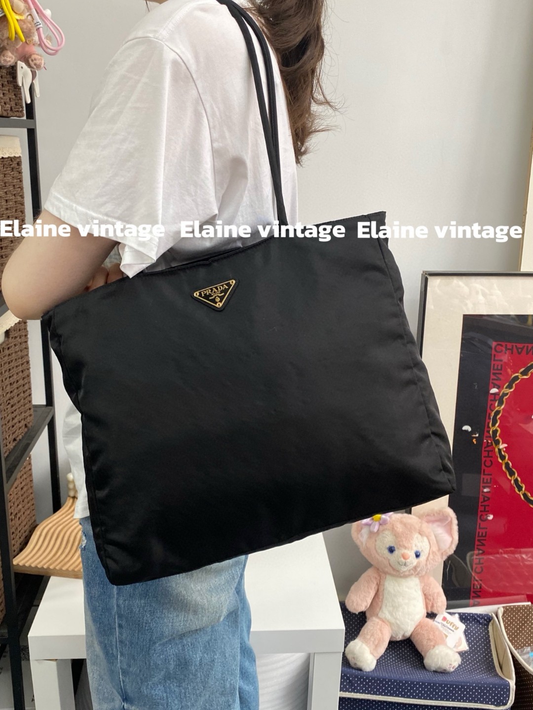 95新 Prada/普拉达 黑金降落伞托特包(拉链款35cm)