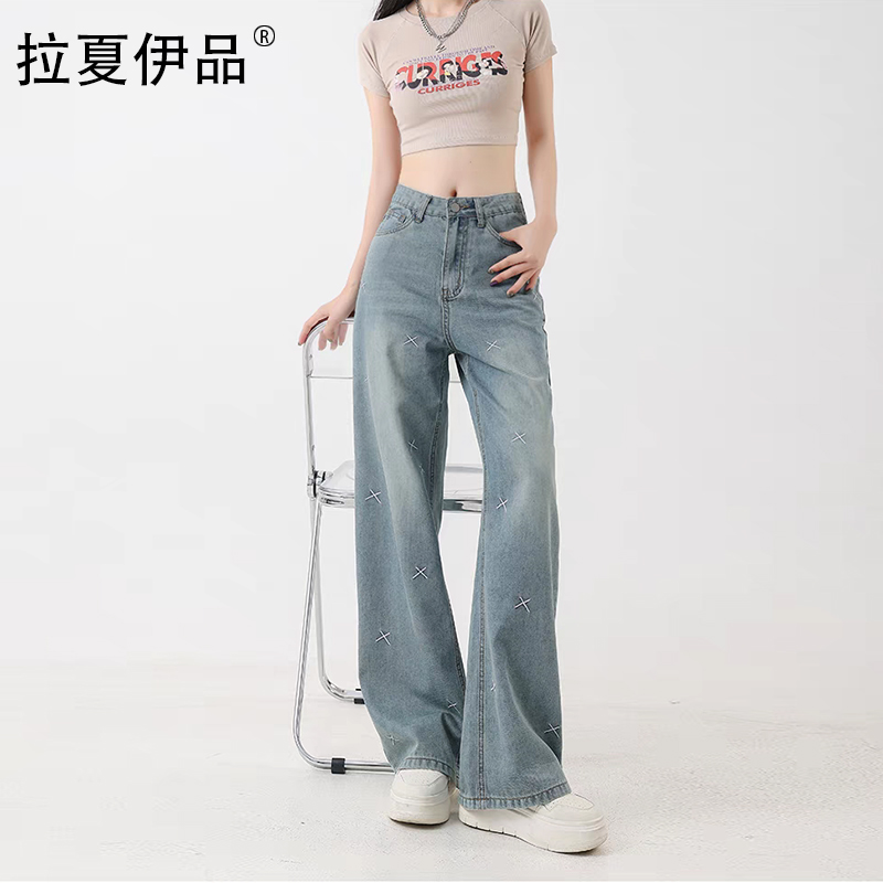 早秋新款大码刺绣牛仔裤女高腰宽松显瘦遮肉阔腿直筒大码女装胖mm