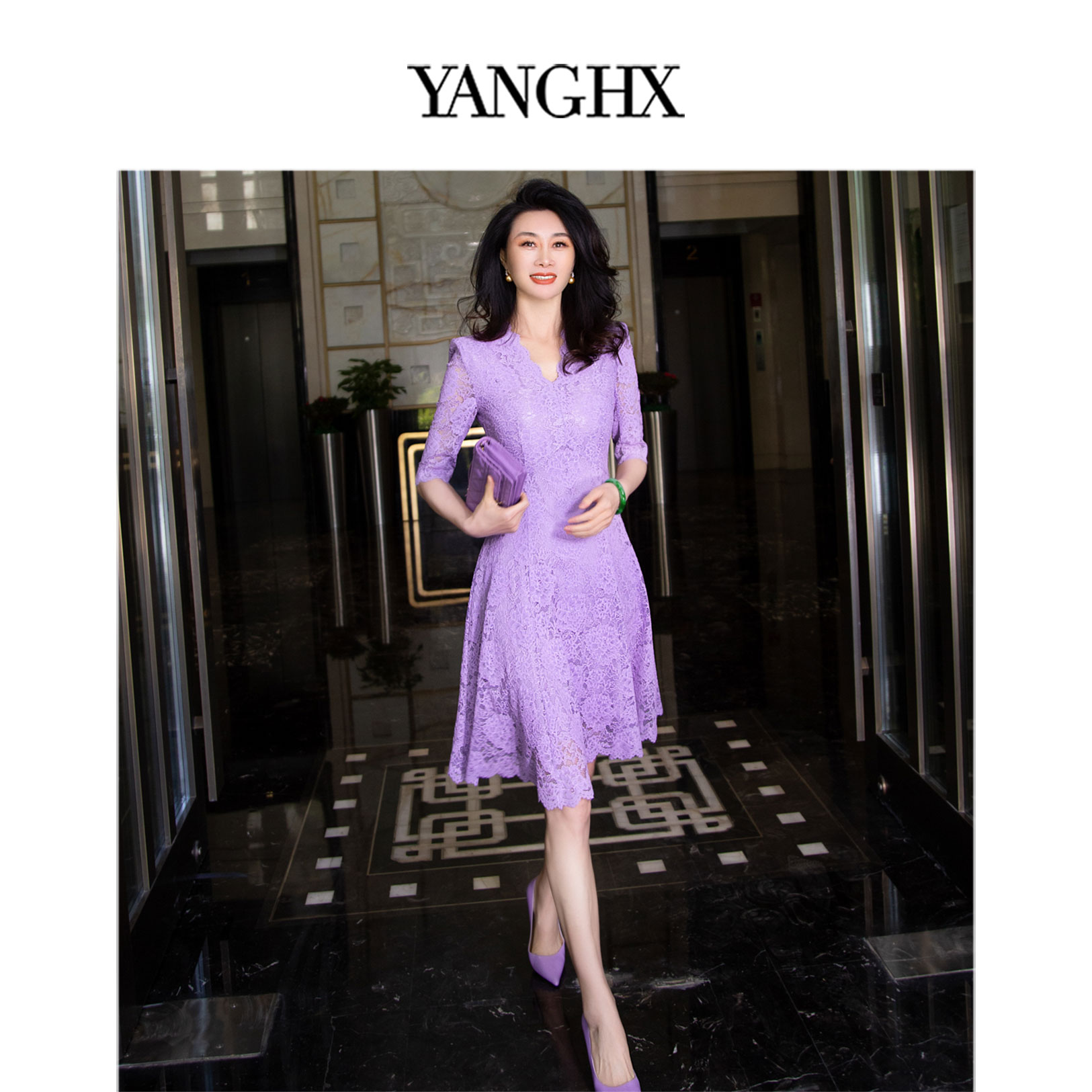 EDFNOT/杨红霞汝意FS小G中袖紫色/蓝色V领大摆蕾丝裙/FS-K25001