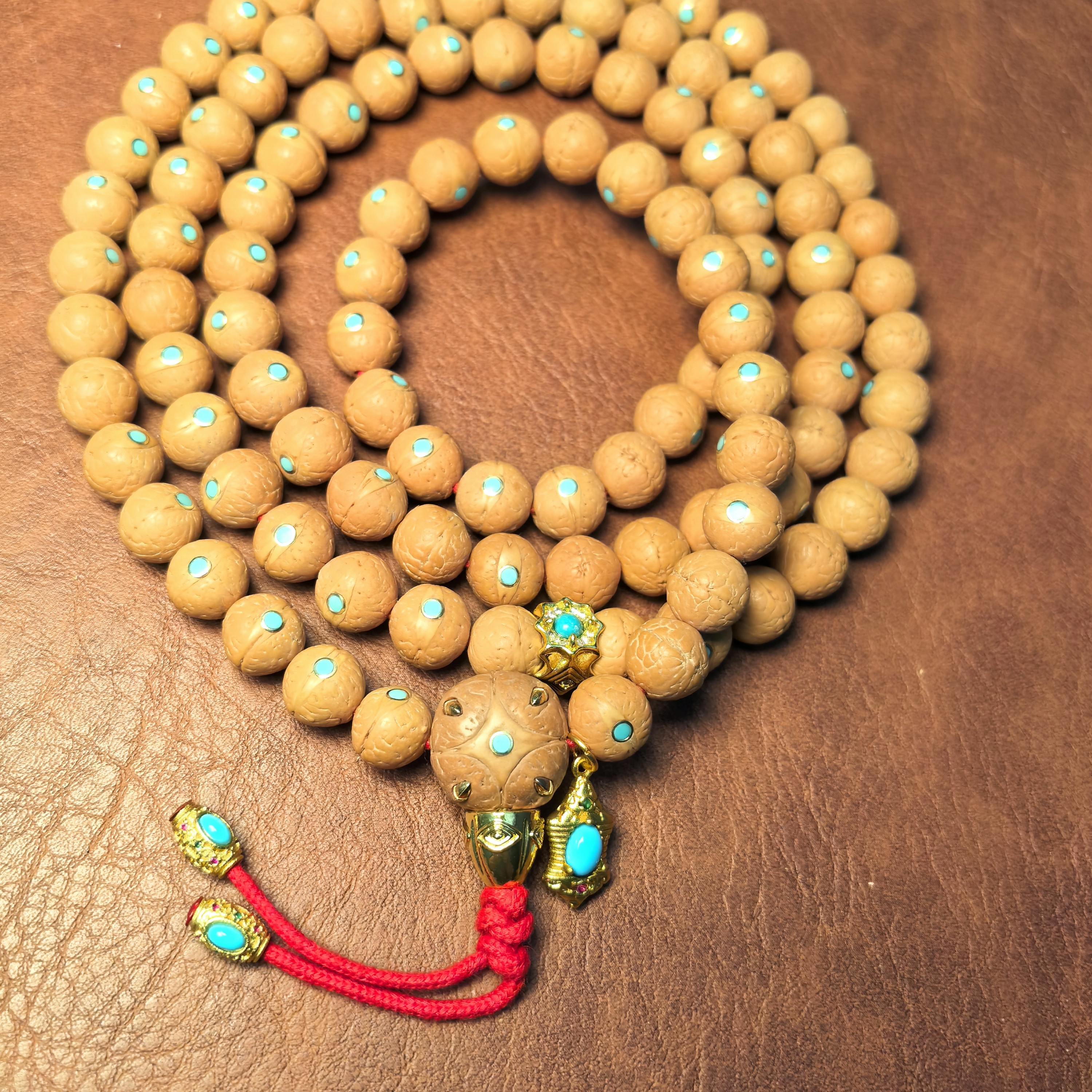 11加mm姜黄皮镶嵌3.0mm松石尼泊尔小凤眼菩提108