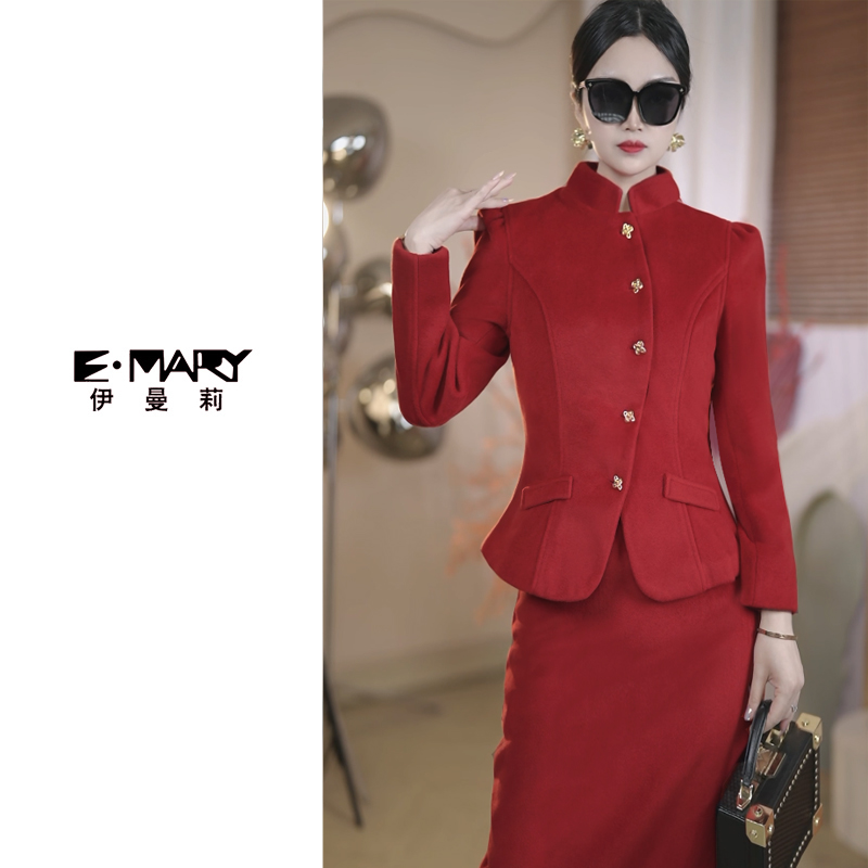 新中式老钱风毛呢裙子秋冬女装红色新年战袍订婚礼裙两件套装套裙