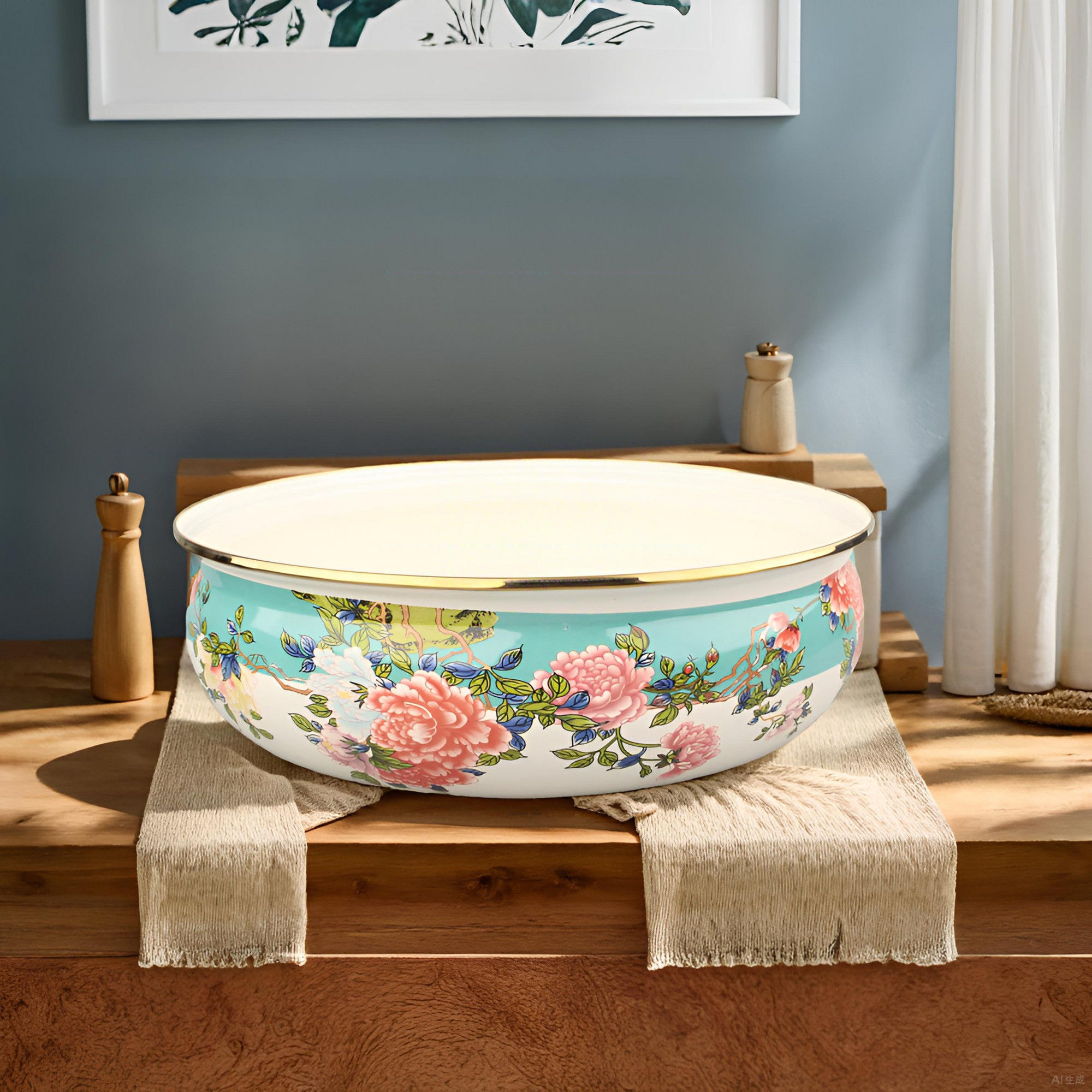 20公分珐琅搪瓷翠绿牡丹金边如意盆汤盆一个