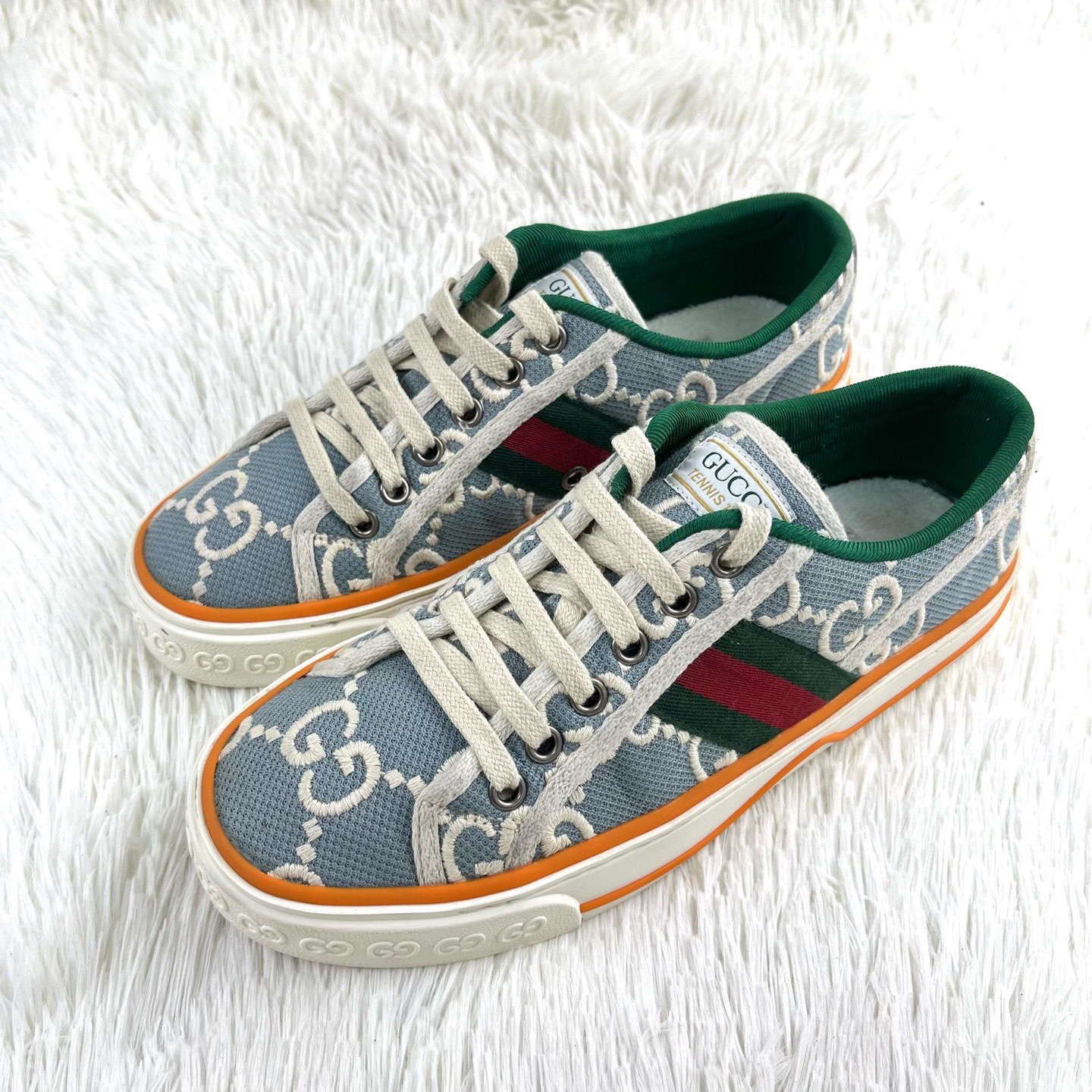 95新 GUCCI/古驰 1977 Tennis雾霾蓝满印板鞋37码