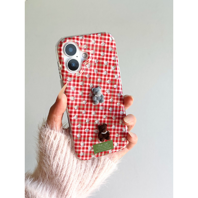 红格纹慕斯星星小熊适用于iphone17promax苹果手机壳保护套