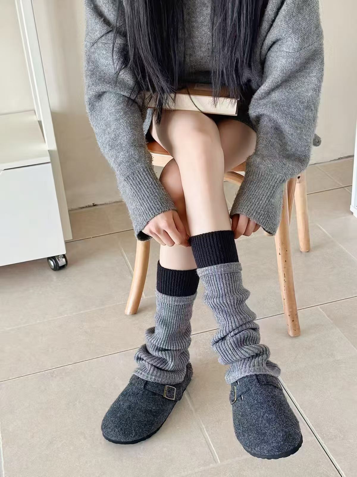 新款简约拼色坑条袜套M5212