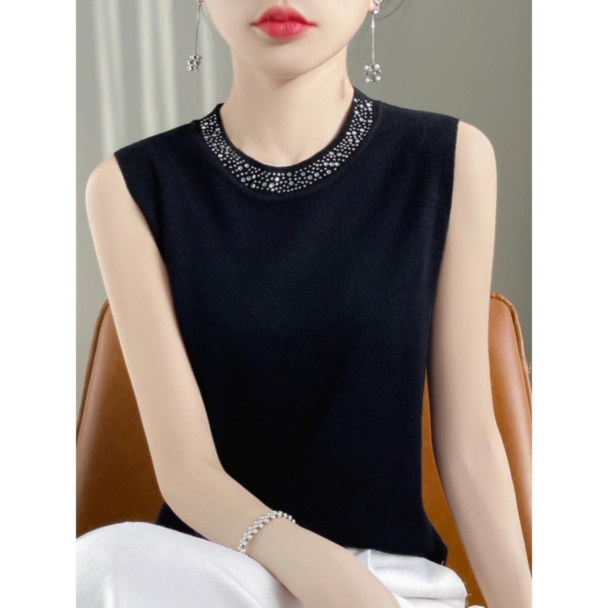 气质镶钻羊毛吊带女春季新款西装内搭圆领黑色背心无袖毛衣打底衫