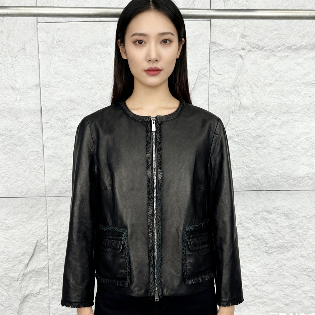 99新 DIOR/迪奥 38码/黑色流苏毛边拉链口袋皮衣/17948234