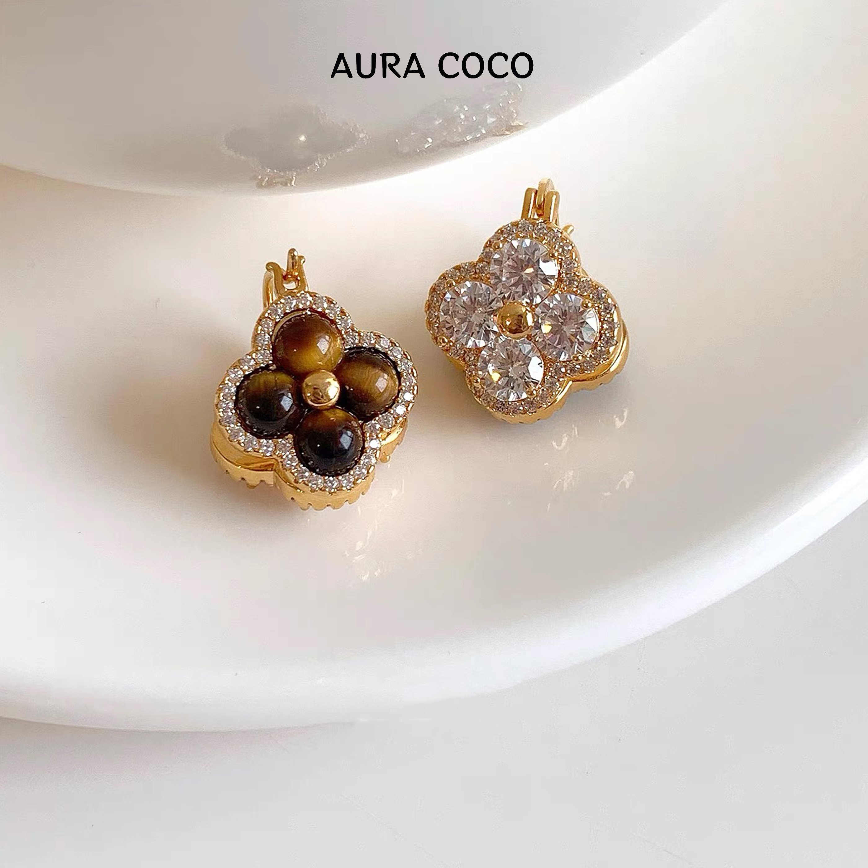 COCO高定 镀K金 虎虎四叶耳钉 时尚百搭耳饰XMC1026