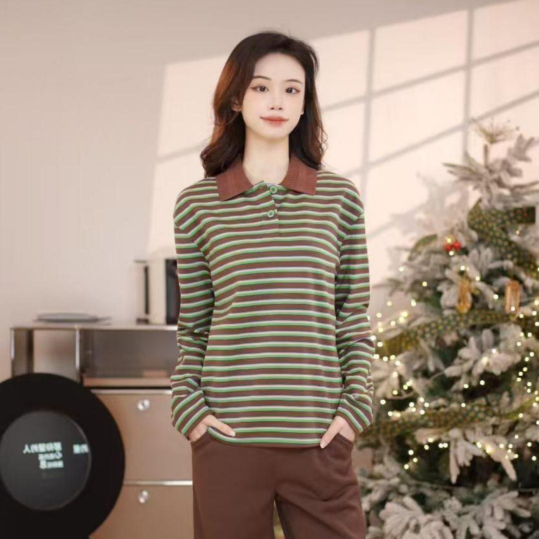 GIRDEAR/哥弟冬上新休闲慵懒风百搭经典条纹polo领长袖T恤1301050