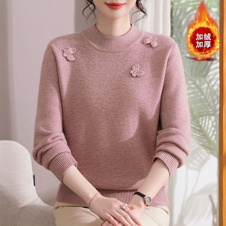 2025秋冬毛衣妈妈装加绒加厚一体绒针织打底衫中老年女装保暖上衣