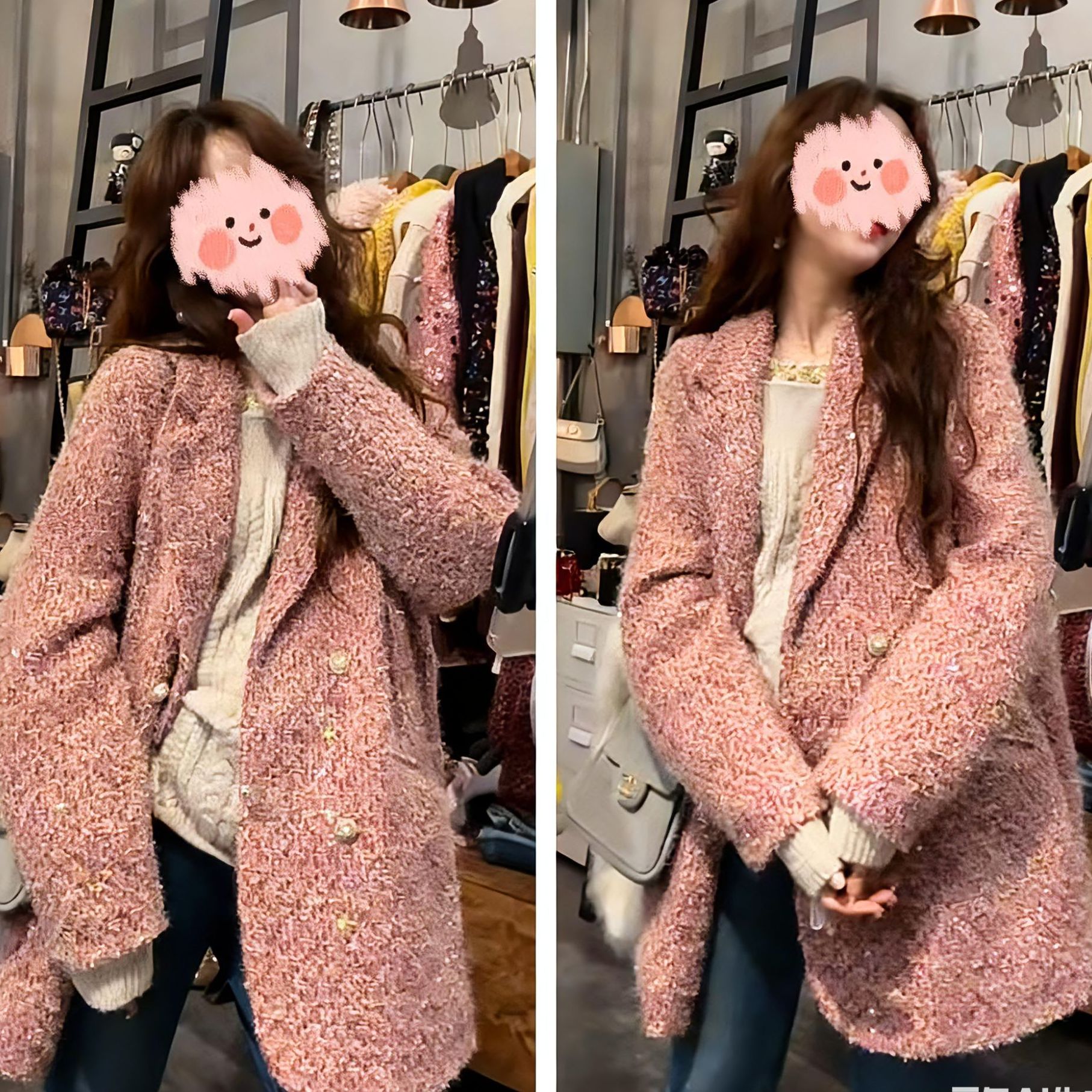 【现货】白鹅绒韩系毛绒粗花呢亮片小香风大衣羽绒外套00099