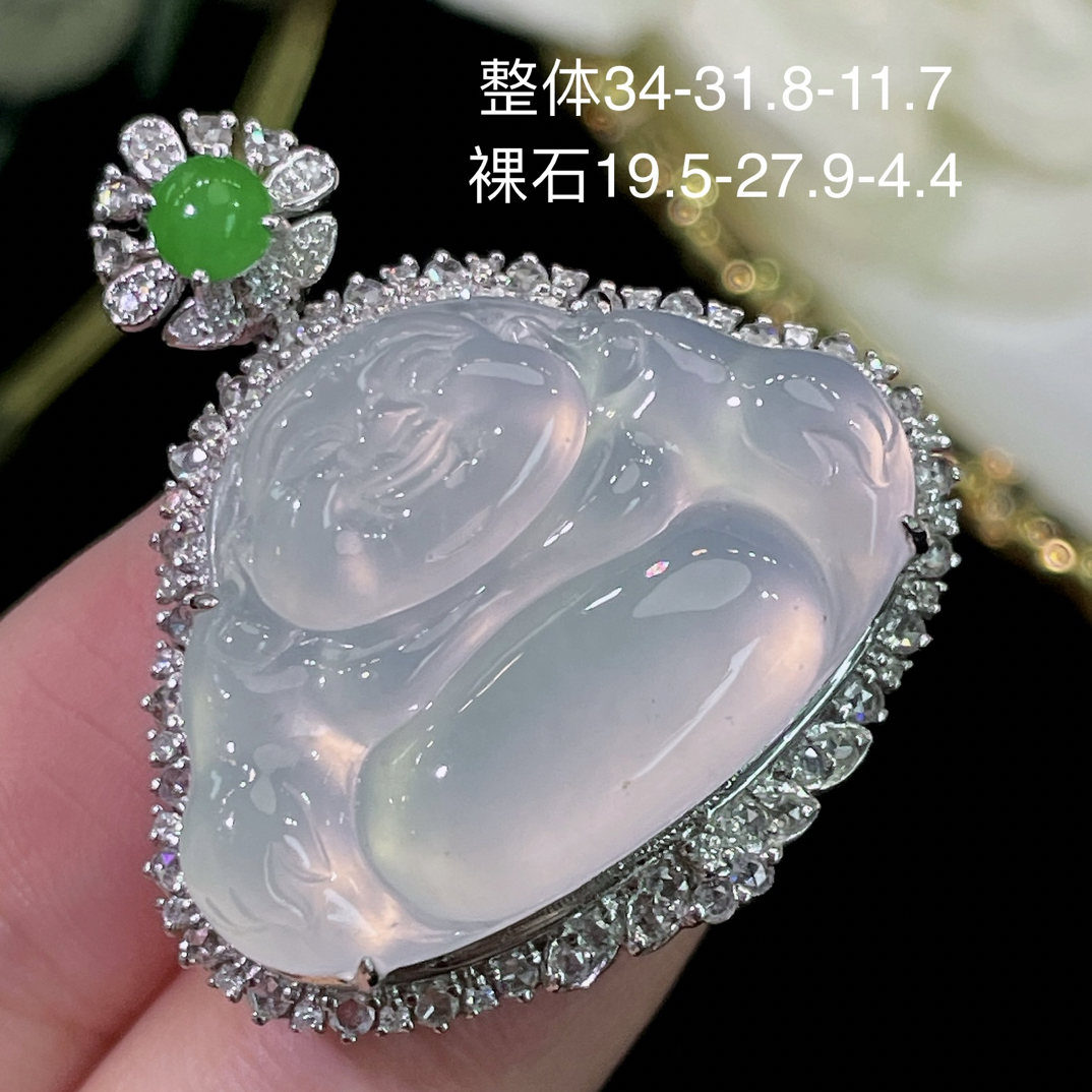 高端翡翠天然缅甸A货18k金镶嵌钻石高冰 茅台白起光佛公吊坠