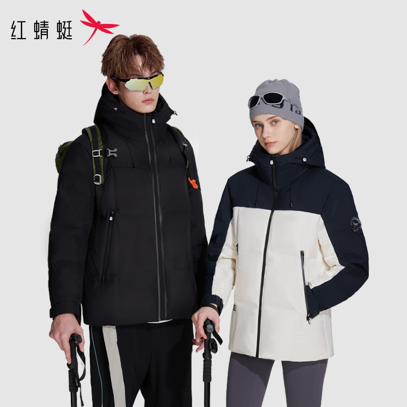 红蜻蜓 冬季新款时尚短款拼色休闲加厚保暖拉链连帽羽绒服