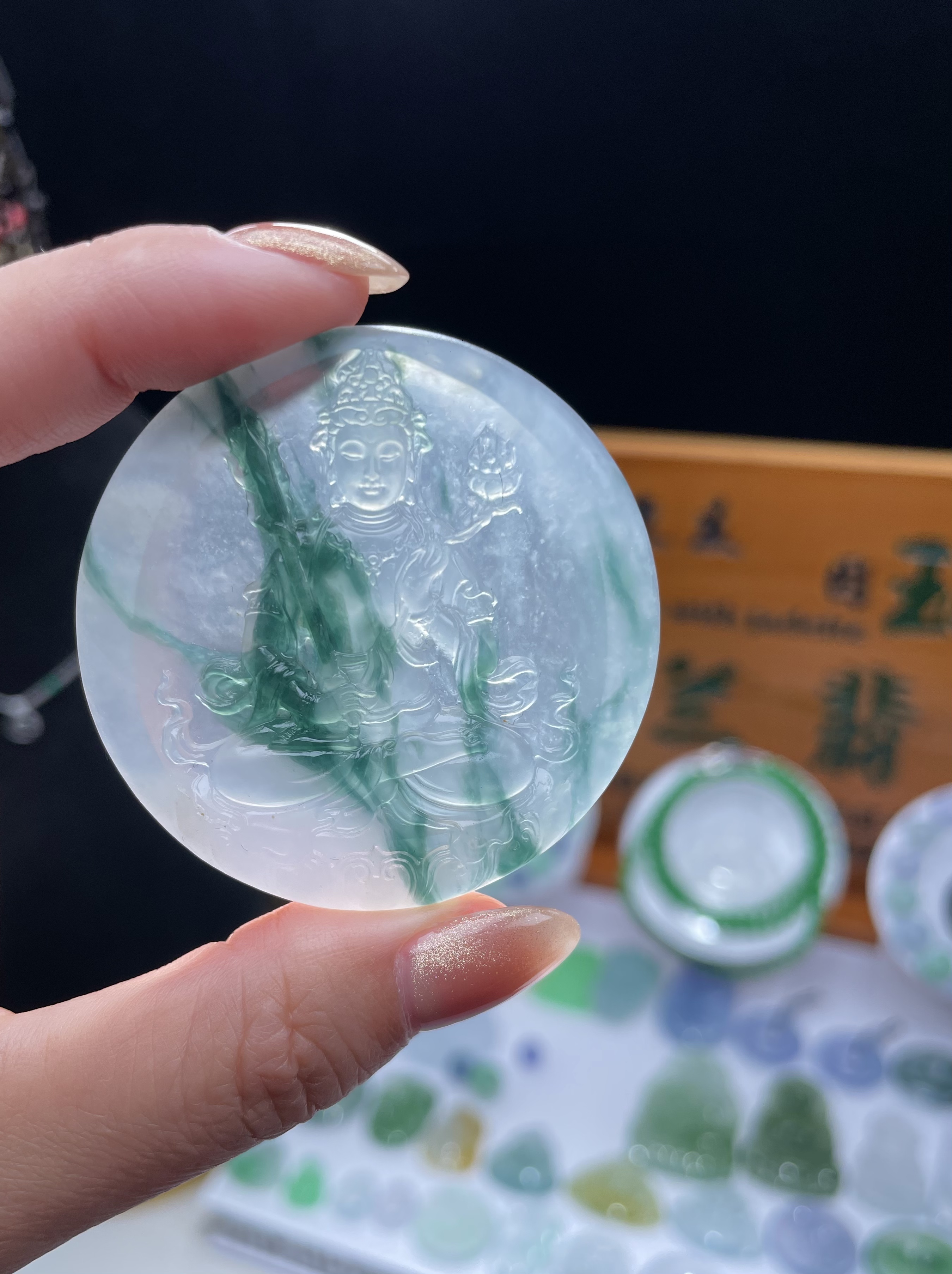 【兰兰翡翠】51.2*5.2冰飘绿花镯芯料虚空藏菩萨天然A货翡翠