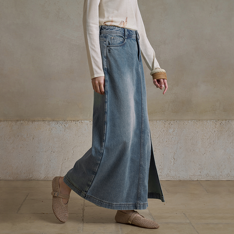 生活在左【牛仔系列】牛仔裤复古休闲开衩个性2025秋季新款裤裙女