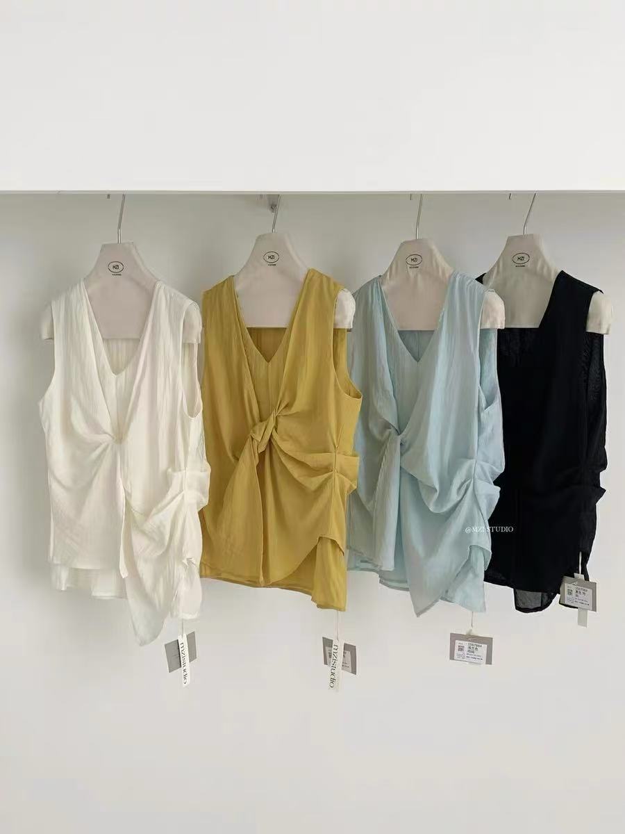 编号对应衣服 女士夏季宽松百搭气质V领小衫设计感钮结褶皱背心