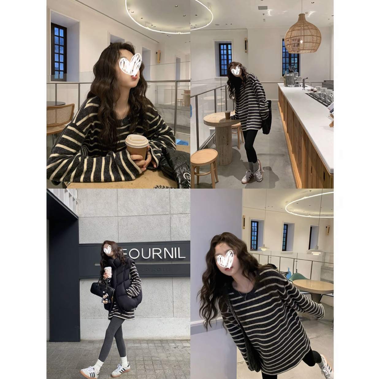 韩系条纹慵懒风条纹秋冬保暖圆领磨毛上衣宽松百搭遮肉显瘦长袖