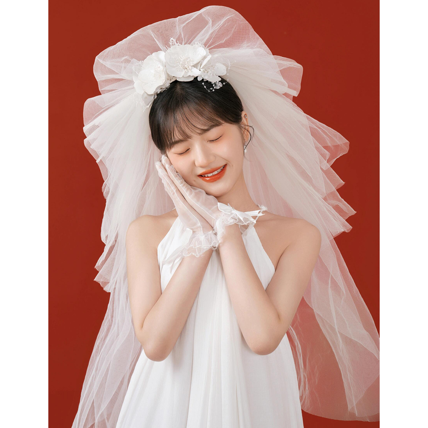法式花朵头纱森系新娘结婚主婚纱跟妆造型纱登记领证蓬蓬纱高级感