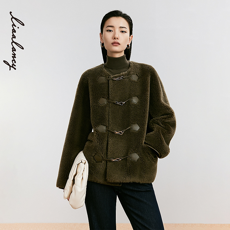 LANCY/朗姿2024冬季新款纯羊毛圆领宽松百搭短款羊羔毛大衣外套女